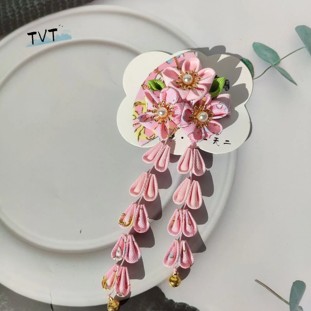 

Cute Tassels Tassel Fan Hairpin Flower Cloth Japanese Kimono Headwear Sakura Hanfu Fan Hair Clip Children