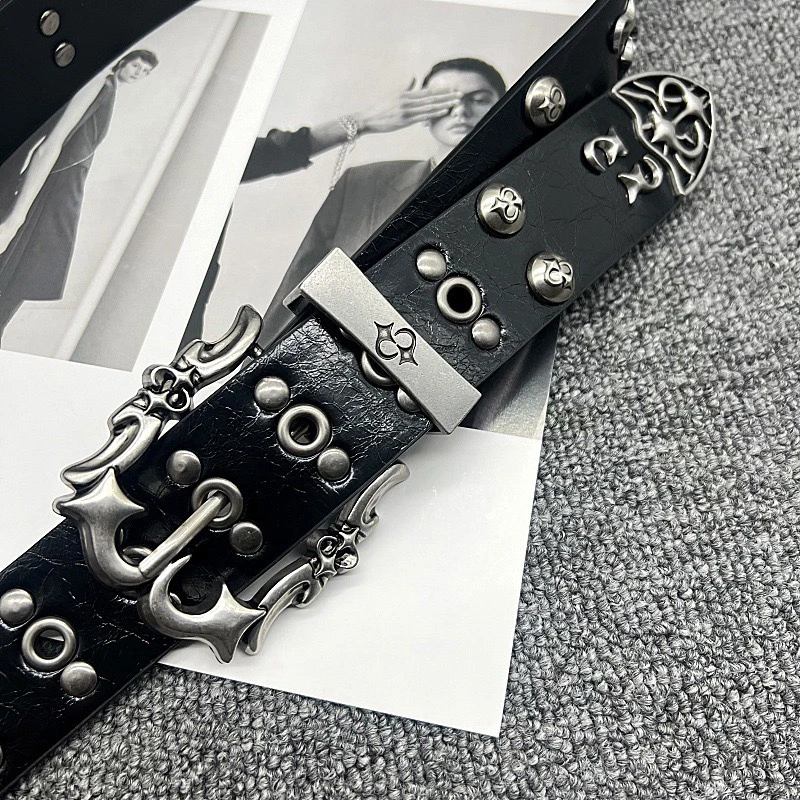 

Ретро американский резной металлический ремень с заклепками в стиле панк, винтажный дизайн, кожаный пояс для молодежи, выдолбленная резьба по буквам