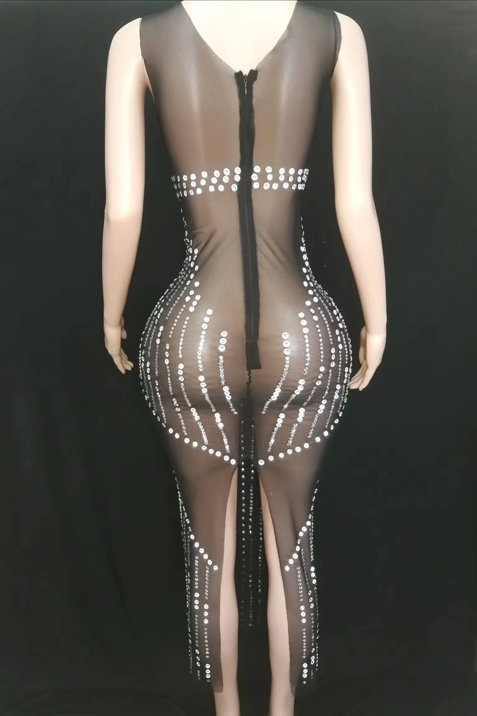 Sprankelende Steentjes Zwarte Lange Jurk Sexy Mouwloze Mesh Transparante Avond Vieren Verjaardagsjurk Feest Outfit Podiumkleding