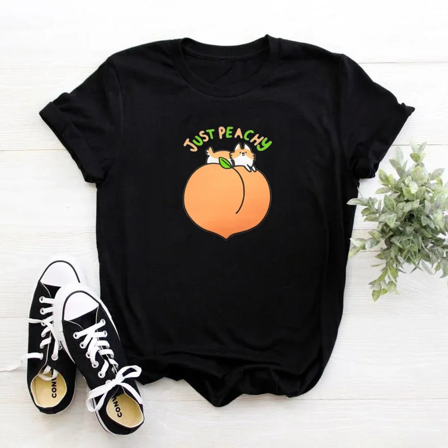 Y2k Short Sleeves T-shirt Graphic Tee Just Peachy Women T-shirts Print Cartoon Corgi Funny Cartoon Dog Top Y2k Aesthetic Tee