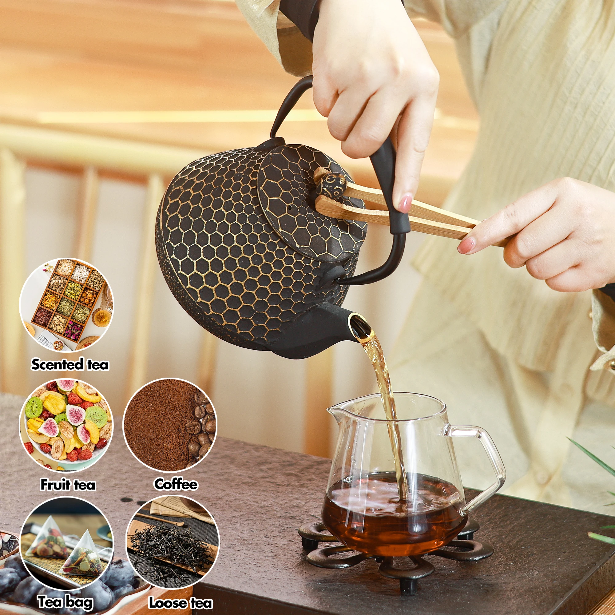 Cast Iron Teapot,Stove top Coated with Enameled Interior, Honeycomb Pattern Tea Pot with Infusers for Loose Tea 32oz/950mlPurple