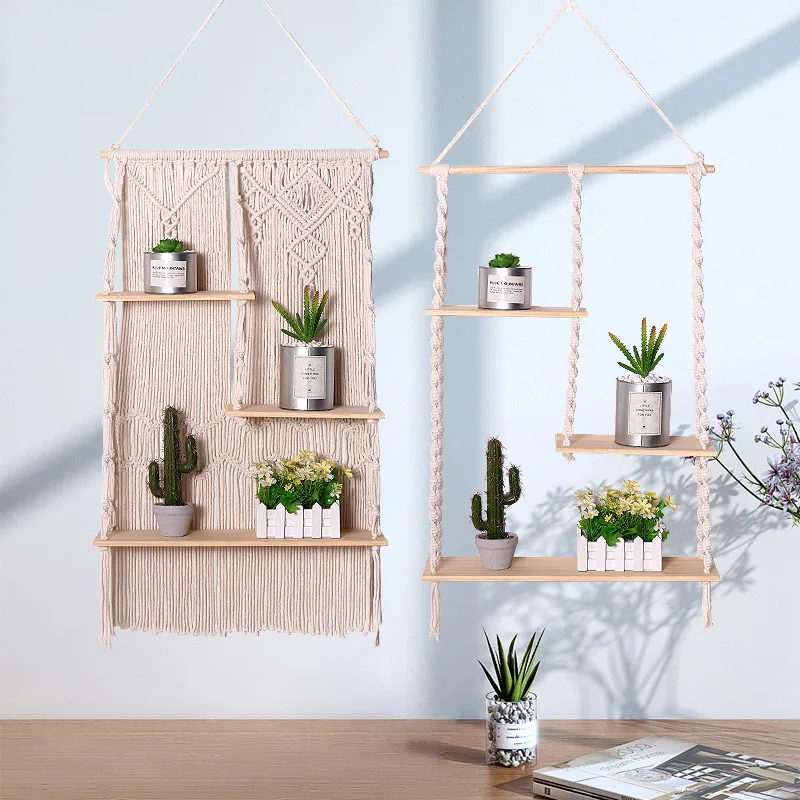 Macrame Wall Hanging Shelf, 2 Tier Wooden Floating Rack, Boho Fringe Display Shelf for Small Plants Home Wall Decor