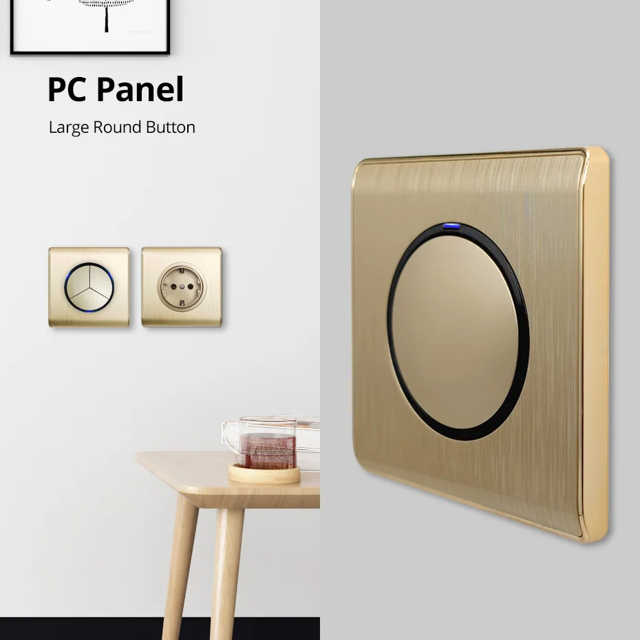 Wallpad 1 2 3 4 Gang Wall Light Switch With Blue LED Indicator Wall Power Socket Gold PC Brushed Panel TV RJ45 TEL EU Socket