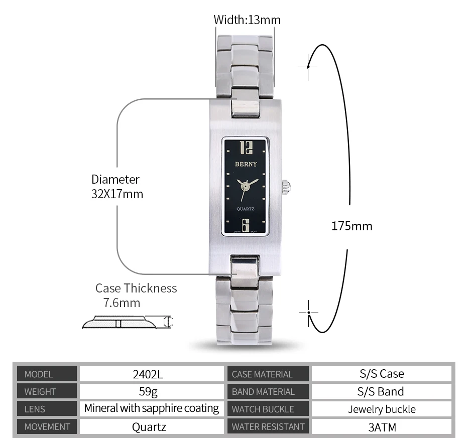 BERNY Woman Watch Quartz Square Dial Stainless Steel Dress Rectangular Wristwatch Ladies Clock 3ATM Waterproof Watches for Women