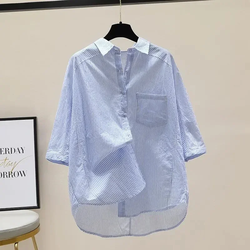 

Spring Summer Female Solid Color Stripe Middle Sleeve Shirt Tops Korean Little Loose Fitting Single Pocket Cardigan Blouse