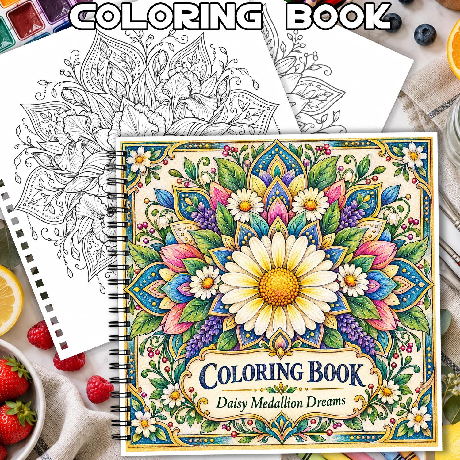Spiral Binding Coloring Book Daisy Medallion Dreams 24 Sheets Mandala Art for Adults Showcasing Creativity Relieving Stress