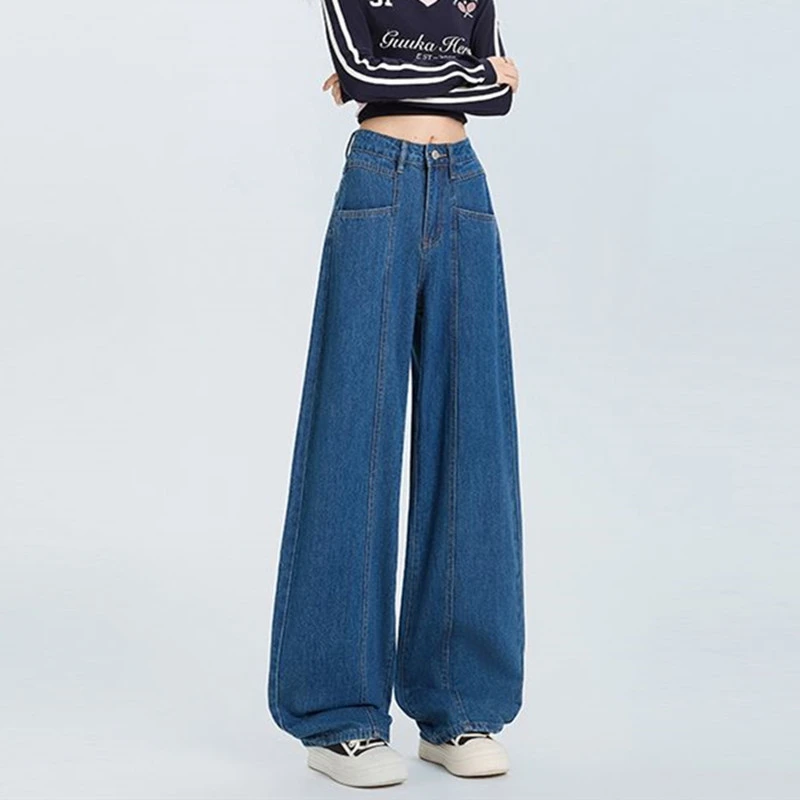 FINEWORDS Vintage Causal High Waist Jeans Women Korean Blue Wide Leg Jeans Streetwear Easymatch Baggy Jeans