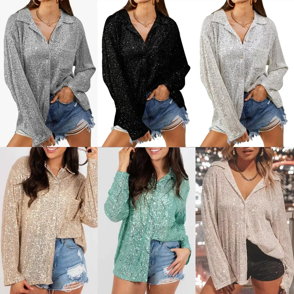 2024 Spring Summer New Fashion Sequin Women Long Sleeved Shirt with Flip Collar Elegant Female Casual Blouse