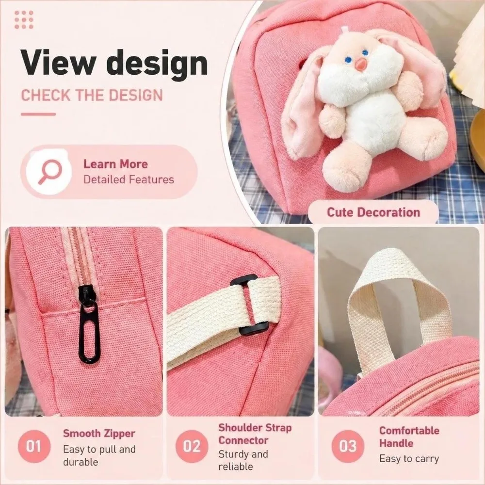 Cute Canvas Children's Backpack Lightweight Cartoon Rabbit Schoolbag Zippered Large Capacity Mini Rucksack Boys Girls