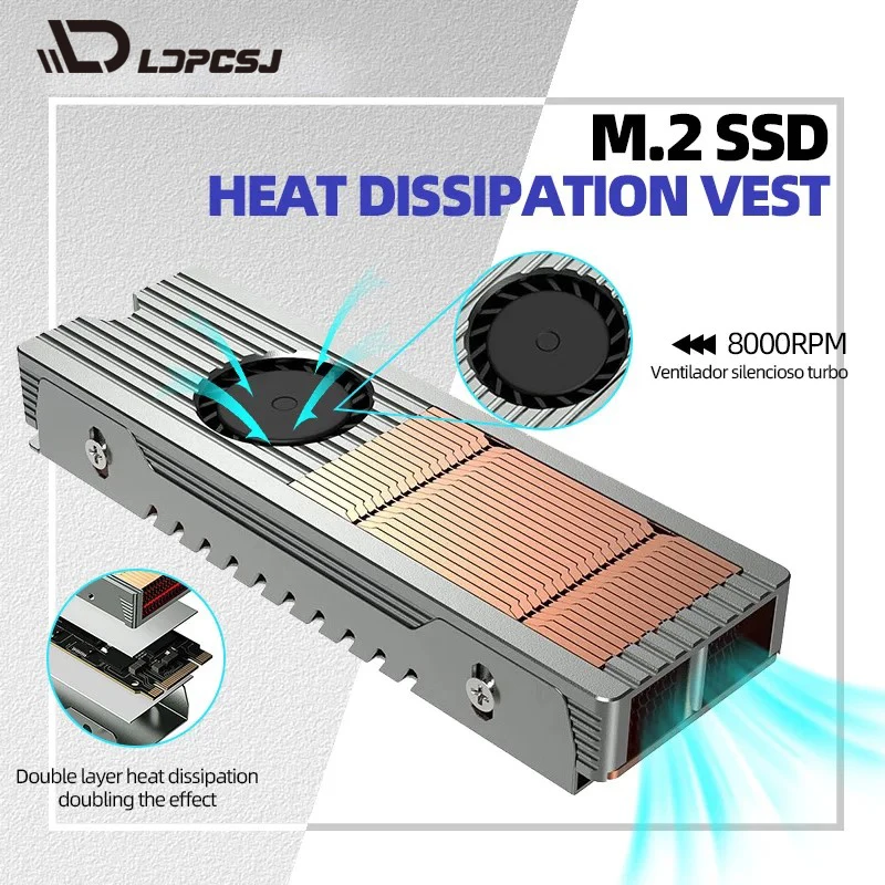 LDOCSJ M.2 NVMe SSD Heatsink 2280, Copper Aluminum Radiator with Quiet Fan Active Cooling, Solid State Drive Cooler for PC