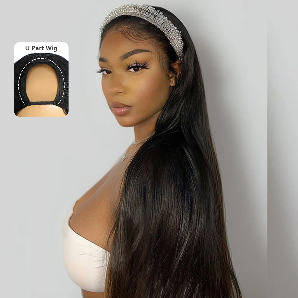 شعر مستعار بشري مستقيم بجزء من Megeen-U للنساء ، شعر مستعار بماكينة ، شعر بكر برازيلي ، بدون خياطة ، ترقية ، ترك صغير ، 18-30 في