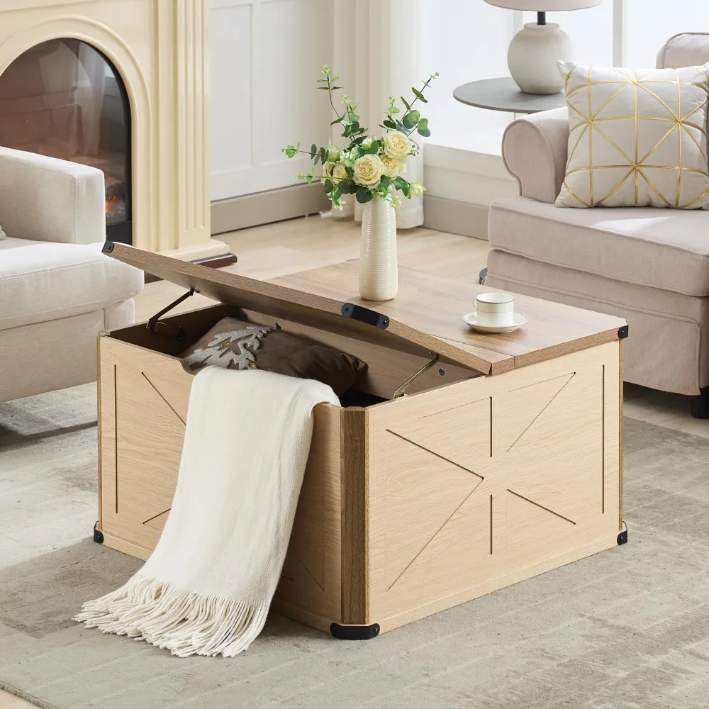 

Modern Farmhouse Coffee Table with Storage, Large Square Storage Coffee Tables, Rustic Wood Center Table with Flip-Top