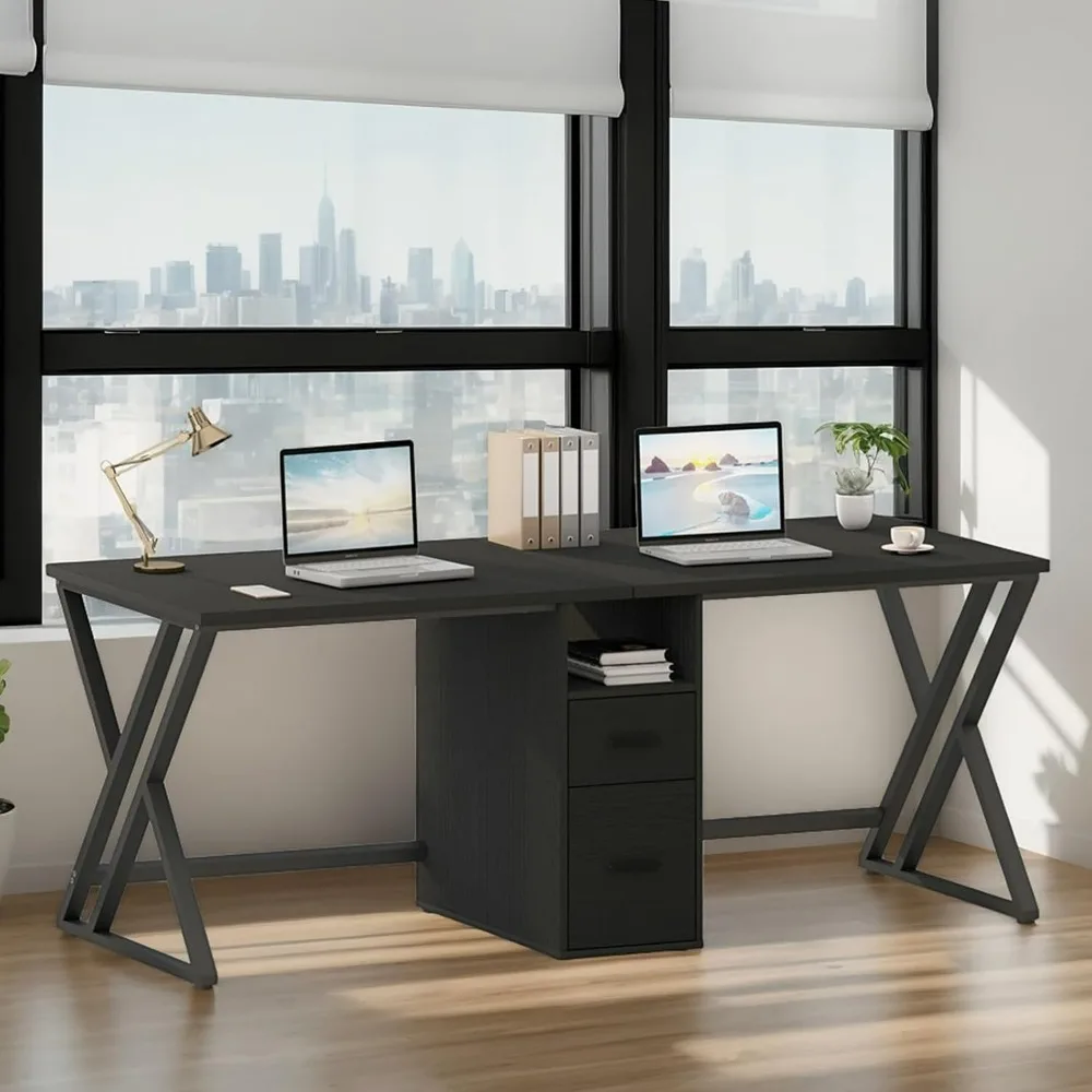 Extra Long Two Person Desk, Large Black Computer Desk with File Drawer, Wood Metal Double Gaming Desk with Storage Cabinet, Mod