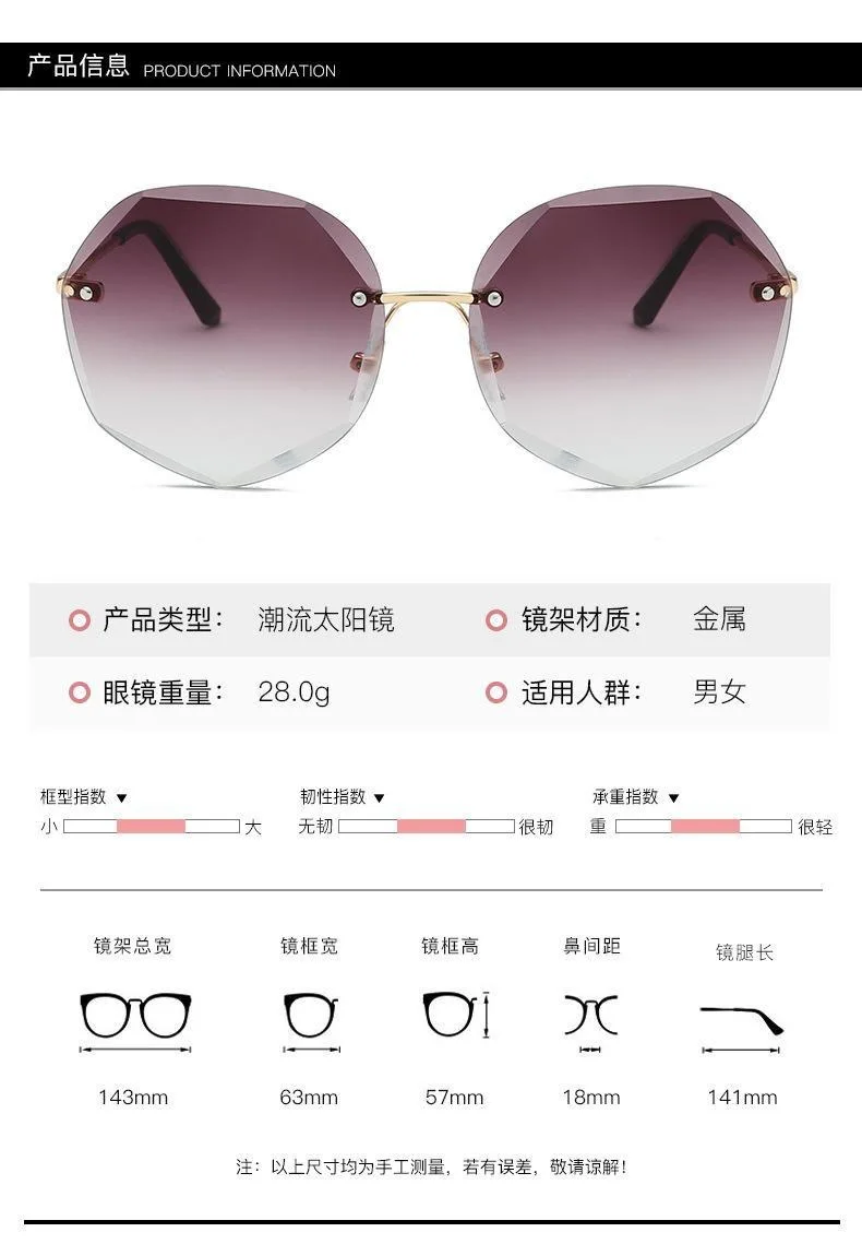 Rahmenlose Damen-Sonnenbrille mit Schnittkante, fortschrittliches Gefühl, Metall, robustes Scharnier, trendige Sommer-Sonnenbrille – Detail 5
