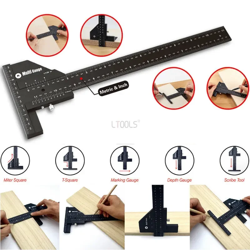 Penggaris T dapat diatur meteran geser perkayuan 0-210/280mm Aluminum Aloi tulisan sudut kanan menandai alat pengukur kedalaman
