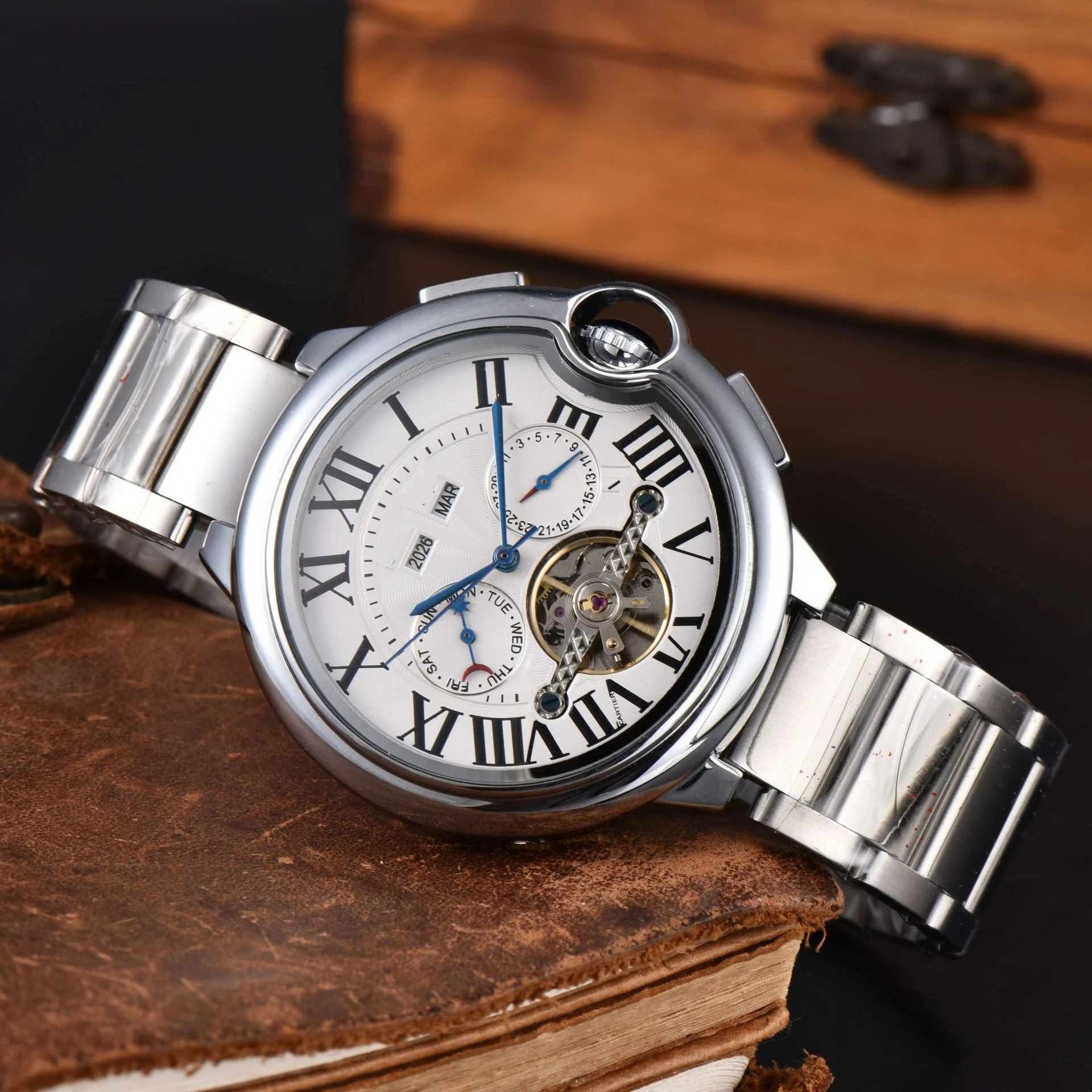 Famous Designer Brand Mens Watch Automatic Mechanical Movement with Skeleton Flywheel Luxury High Quality Steel Strap Wristwatch