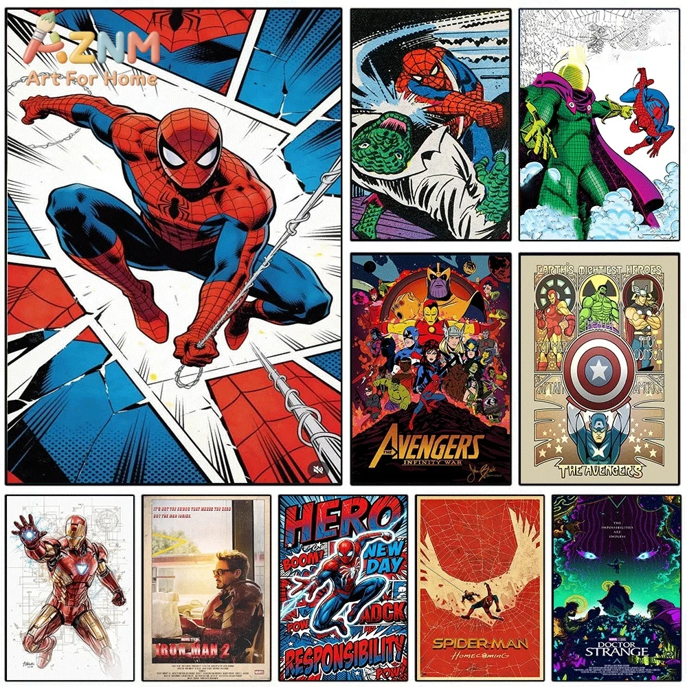 Spider‑Man Marvel Superhero Canvas Wall Art Avengers Iron Man Doctor Strange Classic Comic Panel Unframed Canvas Print for Boys