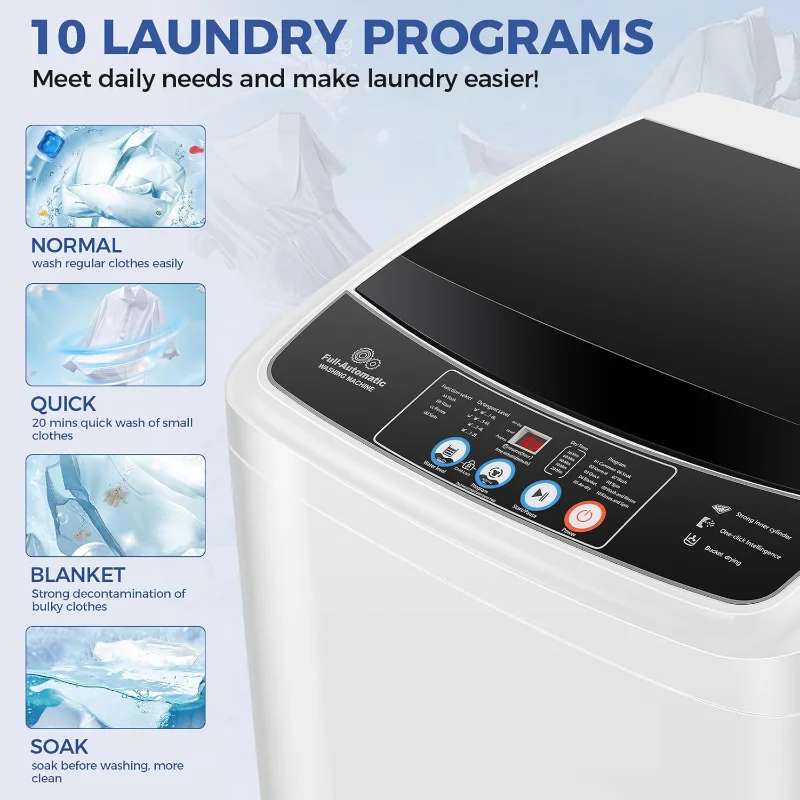 Nictemaw Portable Washing Machine, 17.8Lbs Capacity, with Drain Pump, 2.4Cu.ft Full-Automatic Compact Washer with 10 Programs