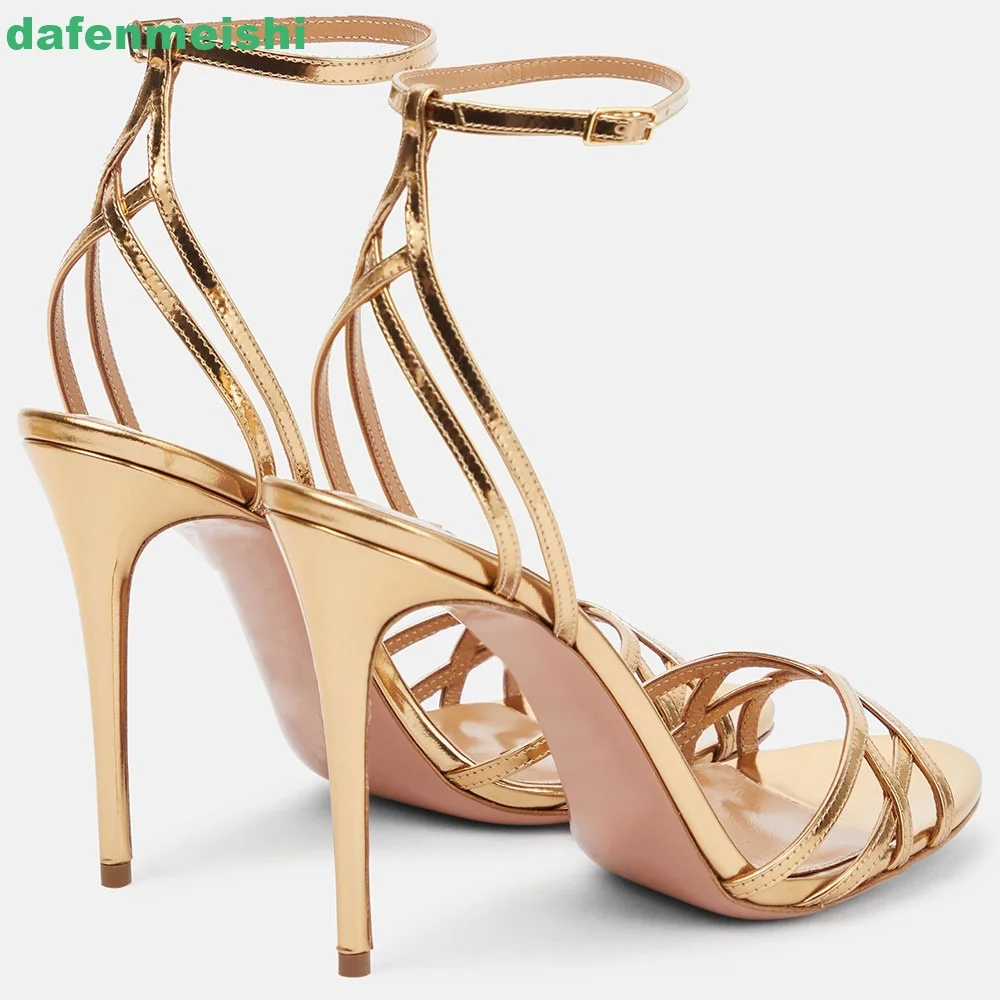 Sandali da donna con cinturino incrociato in Pu dorato Open Toe cinturino alla caviglia con tacco Super alto Slingback tacchi sottili 2024 scarpe da