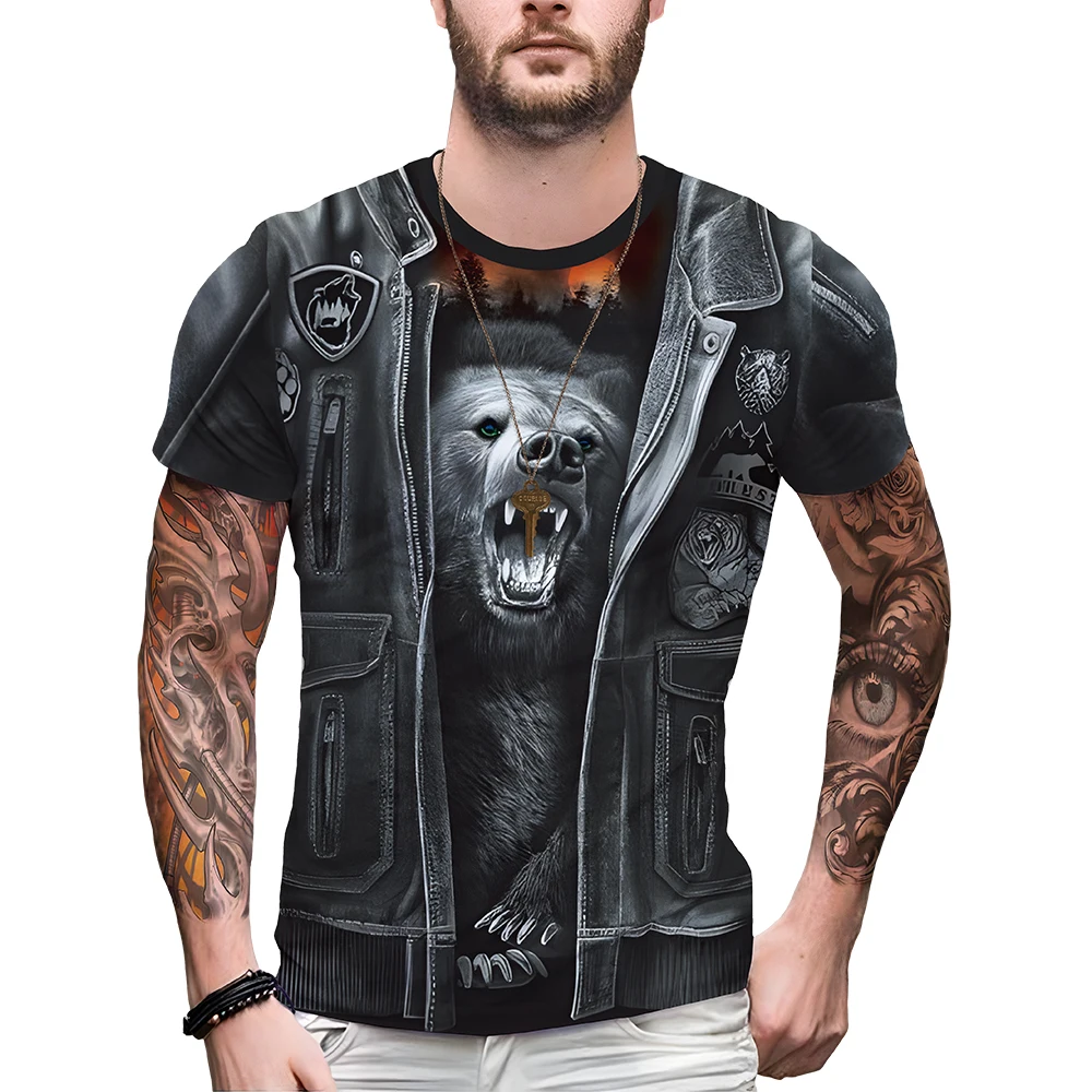 2024 Summer Short Sleeve Men's T-shirt Leather Picture Printed Crew Neck Vintage Biker Jacket Tops Denim Jacket Bear T-shirt