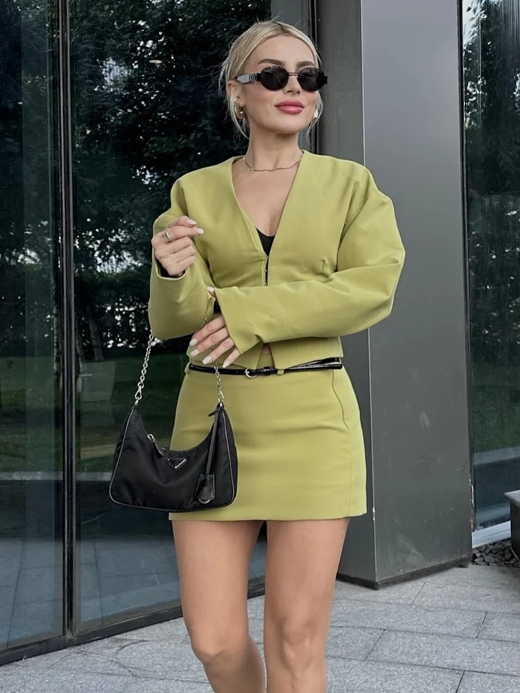 TRAFZA Elegant Women Green Skirt Suit V-Neck Belt Slim Long Sleeved Short Coat Top+Casual High Waist Side Zip Mini Skirt Mujer