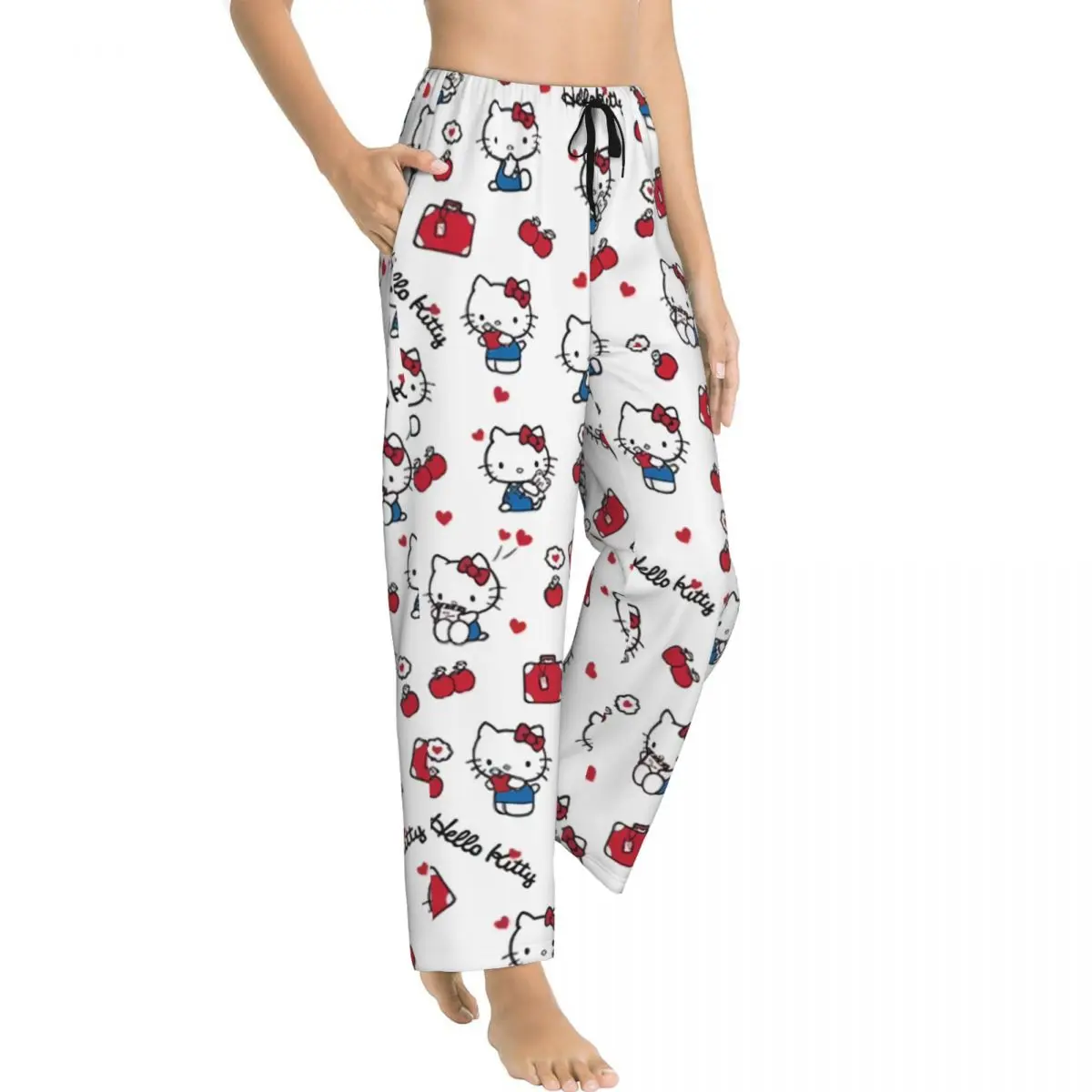 Custom Printed for Women Cartoon Anime Hello Kitty Bow Pajama Pants Sleepwear Sleep Lounge Bottoms with Pockets