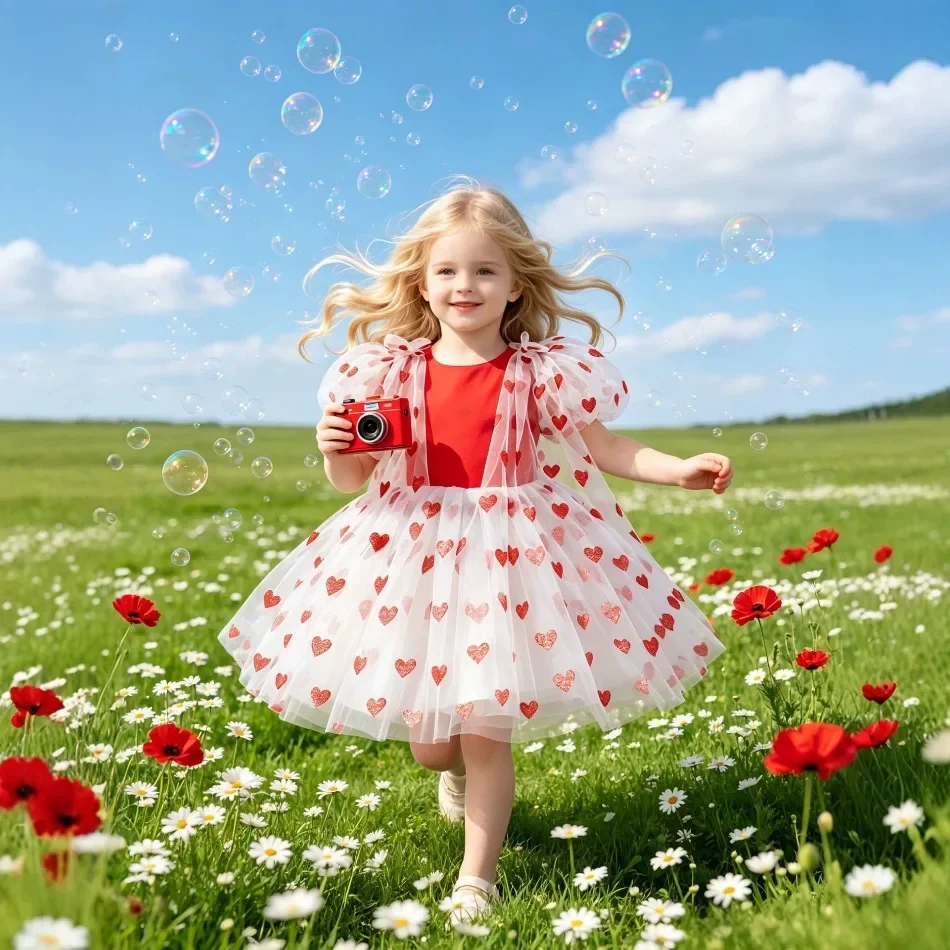 Girls Heart Tulle Princess Dress Puff Short Sleeve A‑Line Tutu Gown Kids Elegant Garden Photo Shoot Holiday Party Dress ZD36
