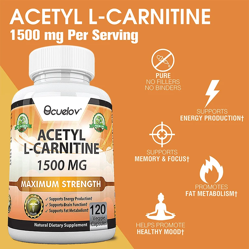 Acetyl L-Carnitine Capsules - Helps Support Brain Health, Improves Energy, Memory and Concentration, and Promotes Fat Metabolism