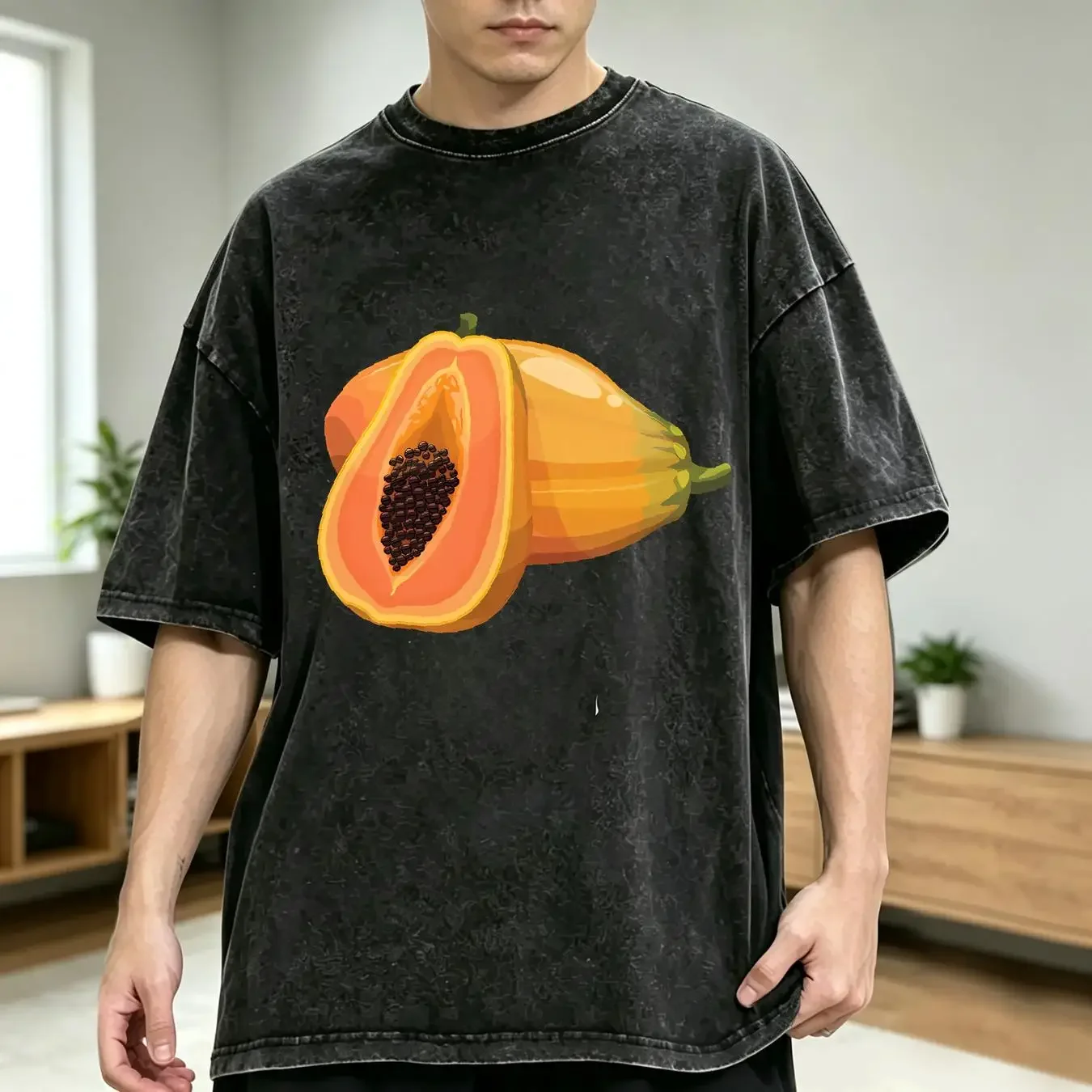 washed T Shirt Sliced Papaya Exotic Tropical Fruit Vegan long or short sleeves vintage Washed Stretched homme streetwear