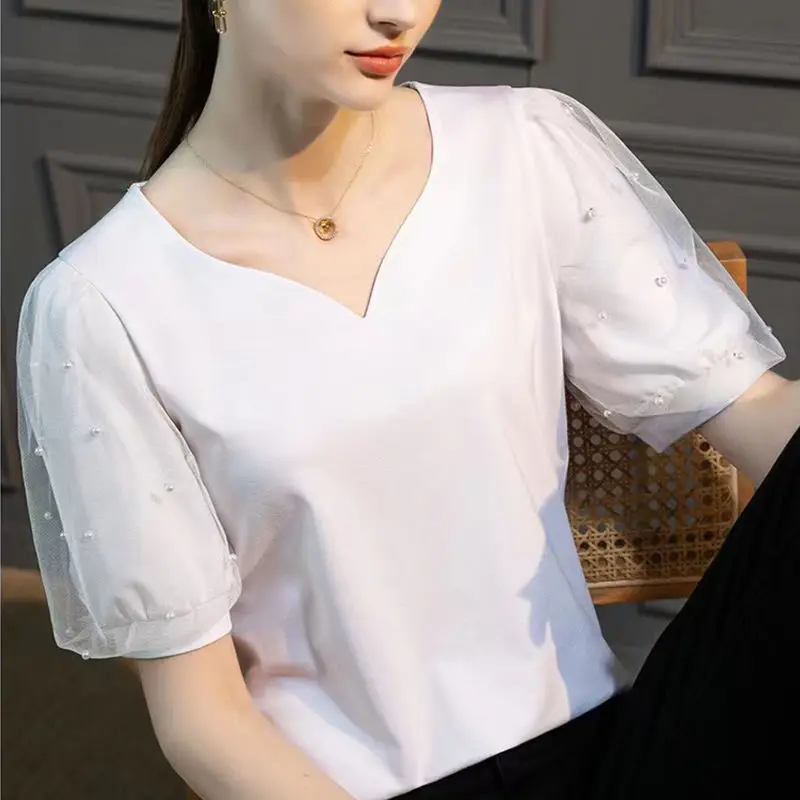 Chic Pearl Beading Peach Heart V-Neck Shirt Office Lady Stylish Summer Sweet Puff Sleeve Basic Solid Color Gauze Spliced Blouse