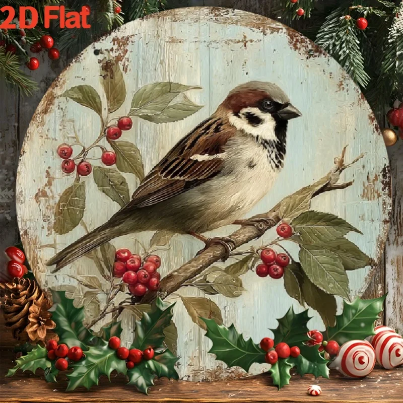 2D Flat, Vintage Birds and Cherries Metal Wall Decor - 8x8 Inch Round Retro Farmhouse Sign with Birds on Branch & Red Berries, L