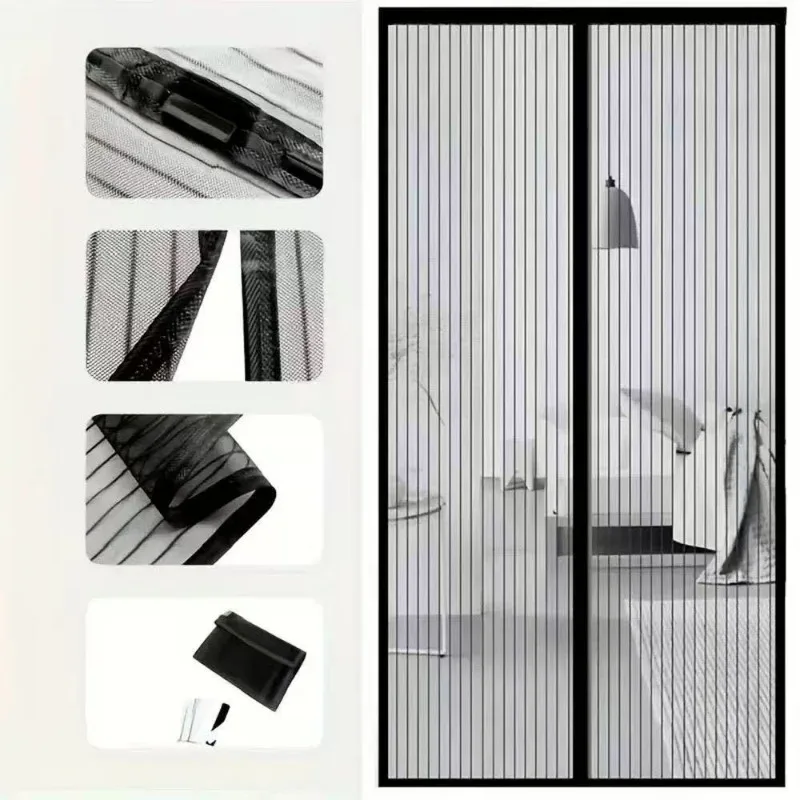 Home Balcony RV Doors Magnetic Mosquito Proof Door Curtain Heavy‑Density Flexible Fiber Mesh Striped Breathable Panel