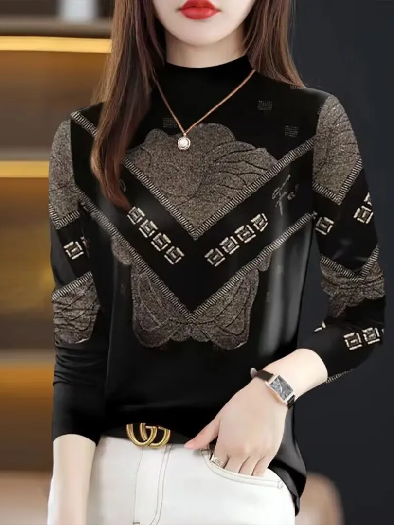 Fashionable Long Sleeve Printed T-Shirt Women's Casual Style High Neck Top Trendy Spring 2026 Garment from China for Ladies