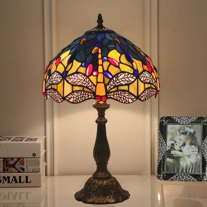 Vintage Tiffany Table Lamp Mediterranean Stained Glass Dragonfly Desk Light LED E27 AC Powered 85V-265V for Room Decoration