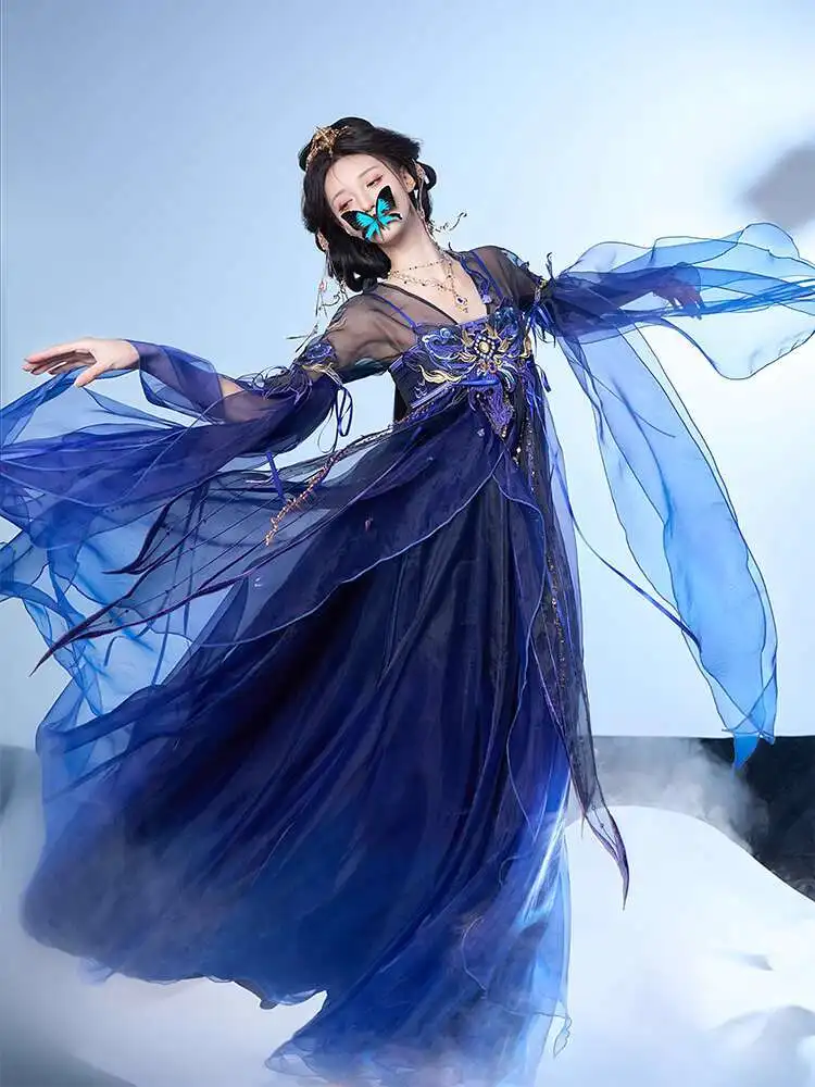 

New Fiesta Carnival Halloween Cos Cosplay Fine Clothes Hanfu Womens fashion Skirt Ragged Sleeve Hanfu Summer Violet Dragon Woman