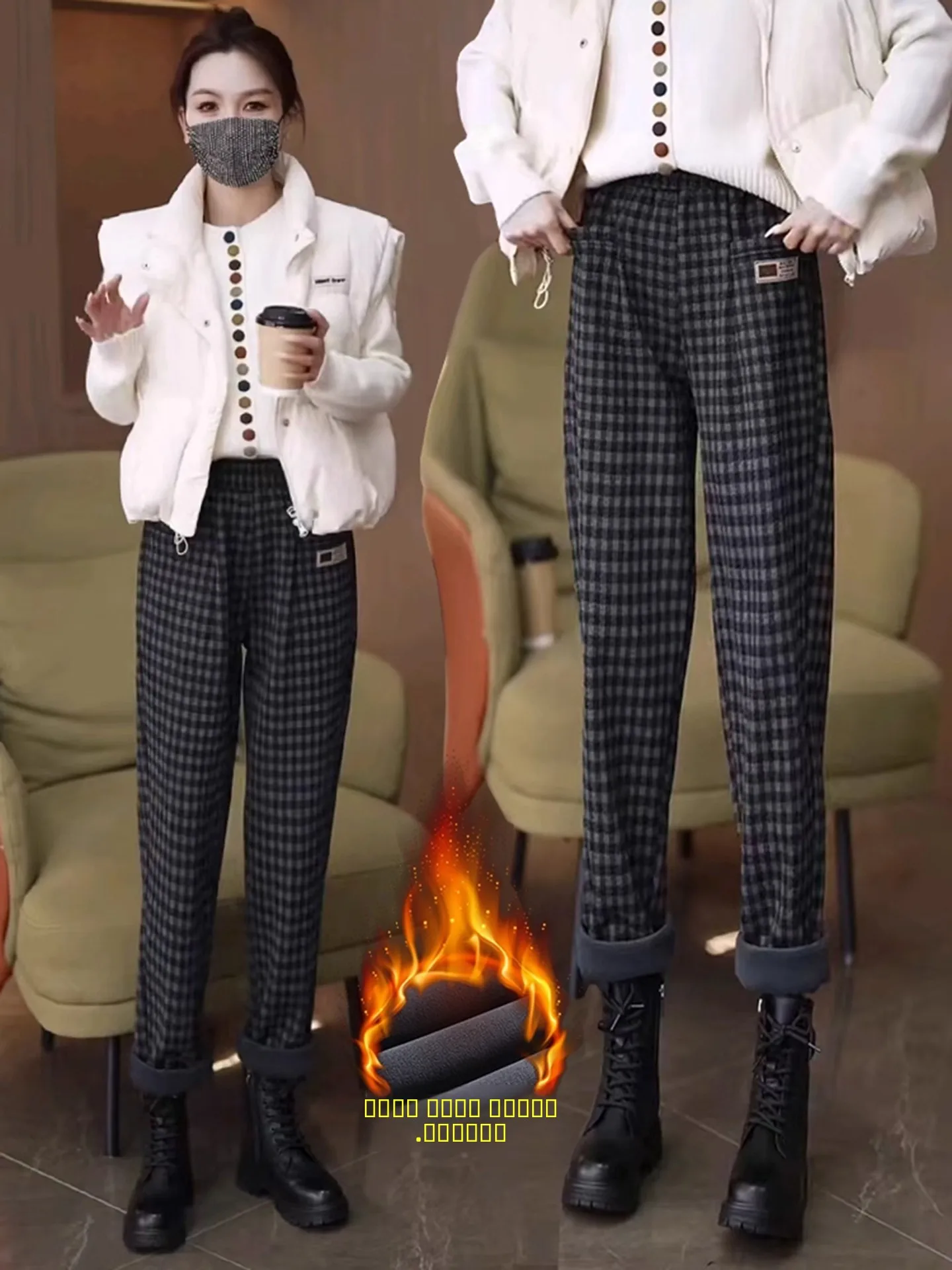 Pantalones Harrington a cuadros de cintura alta Thiened Fce para mujer, pantalones informales ajustados para otoño e invierno, pantalones para mujer