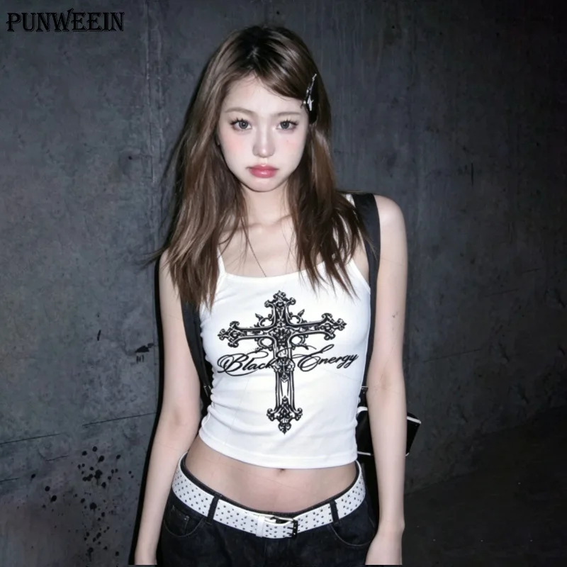 Gothic Centipede Skull Print Women Cami Tank Top Black Spaghetti Strap Slim Sleeveless Crop Camisole Dark Punk Streetwear Vest