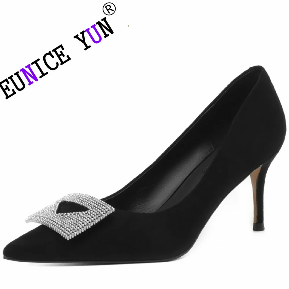 

【EUNICE YUN】New Brand Genuine Leather Pointed Shallow Mouth Rhinestone Button Single Shoes Thin High Heels Banquet Dress Women's