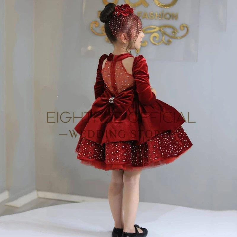 Sukienki dla dziewczynek Eightree 2025, tiulowe, z koralikami, aksamitne, z długim rękawem, na wesele, urodziny, komunię, szyte na miarę.