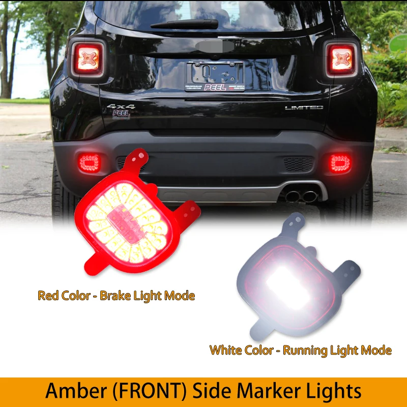2pcs For Jeep Renegade Rear Bumper Reflectors Red Tail/Brake,Rear Fog Lamps and white Reverse Lights 2015-2019