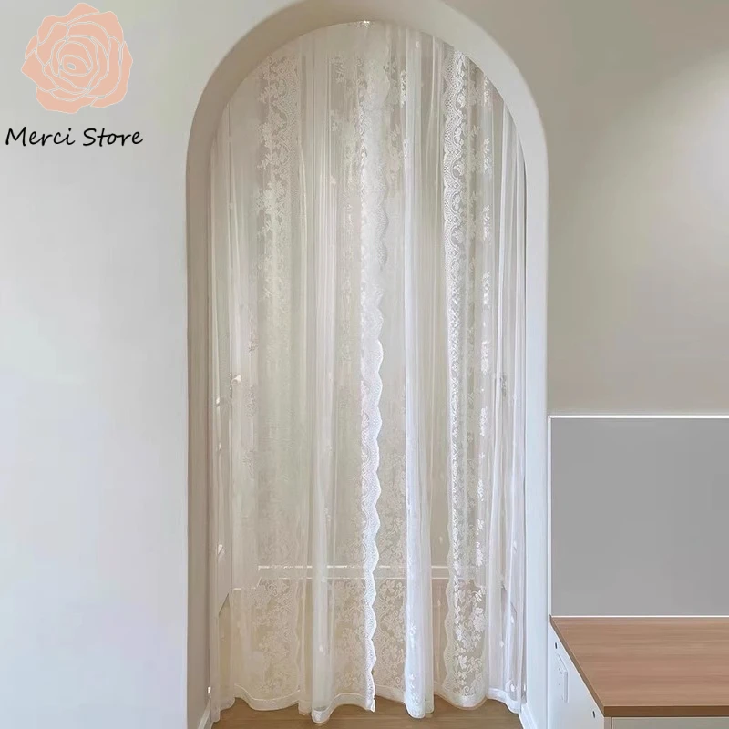 Merci Store Free Velcro French Lace Partition Kitchen Half Curtain for Living Room Window Bedroom Girl White Gauze Drapes