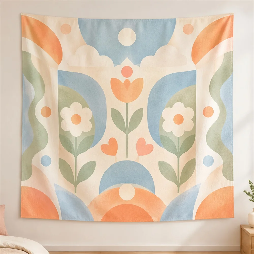 VIKAMA Pastel Geometric Blocks Mirror Symmetric Tapestry Wall Hanging, Korean Wall Decor Tapestries for Living Room Bedroom