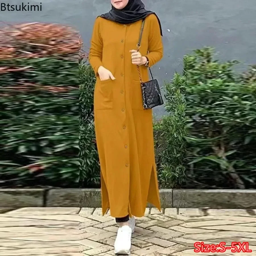 2025 Vintage Lange Jurk voor Vrouwen Moslim Abaya Hajib Lange Mouw O-hals Shirt Jurk Vrouwtjes Casual Maxi Jurk Arabisch Bescheiden Gewaad