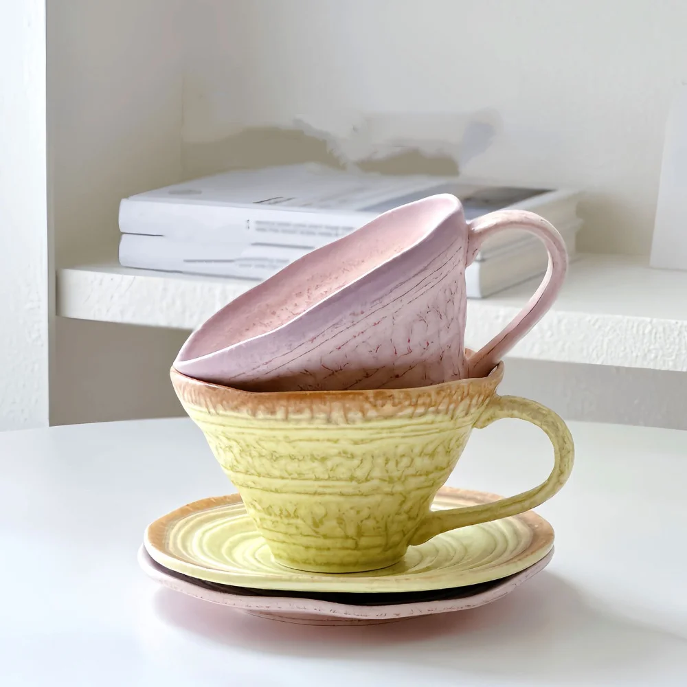 Japanese Retro Irregular Cone Ceramic Mug With Saucer Swirl Textured Glaze Handcrafted Wavy Rim Coffee Tea Cup Set