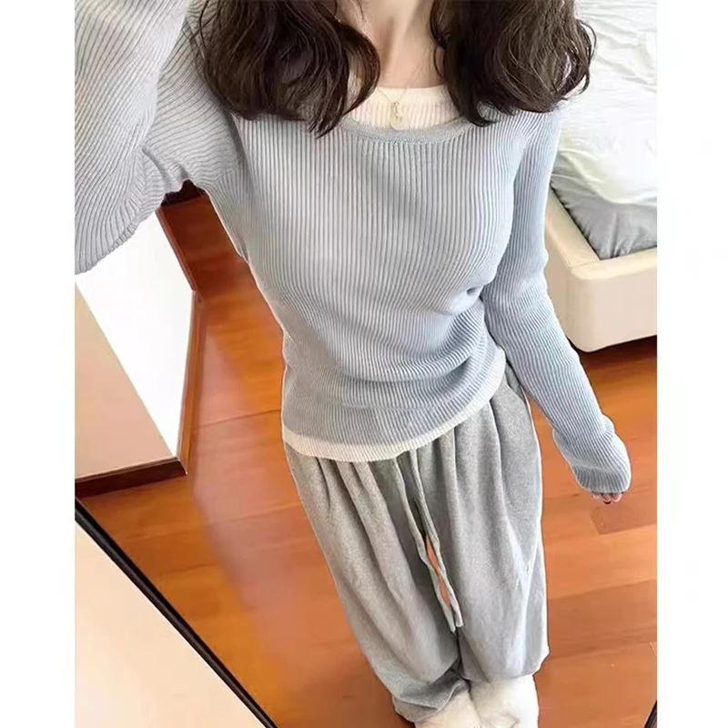 Fake Two Piece Knitted T-shirt Women Autumn Casual Slim Long Sleeve Top Bottom Shirt