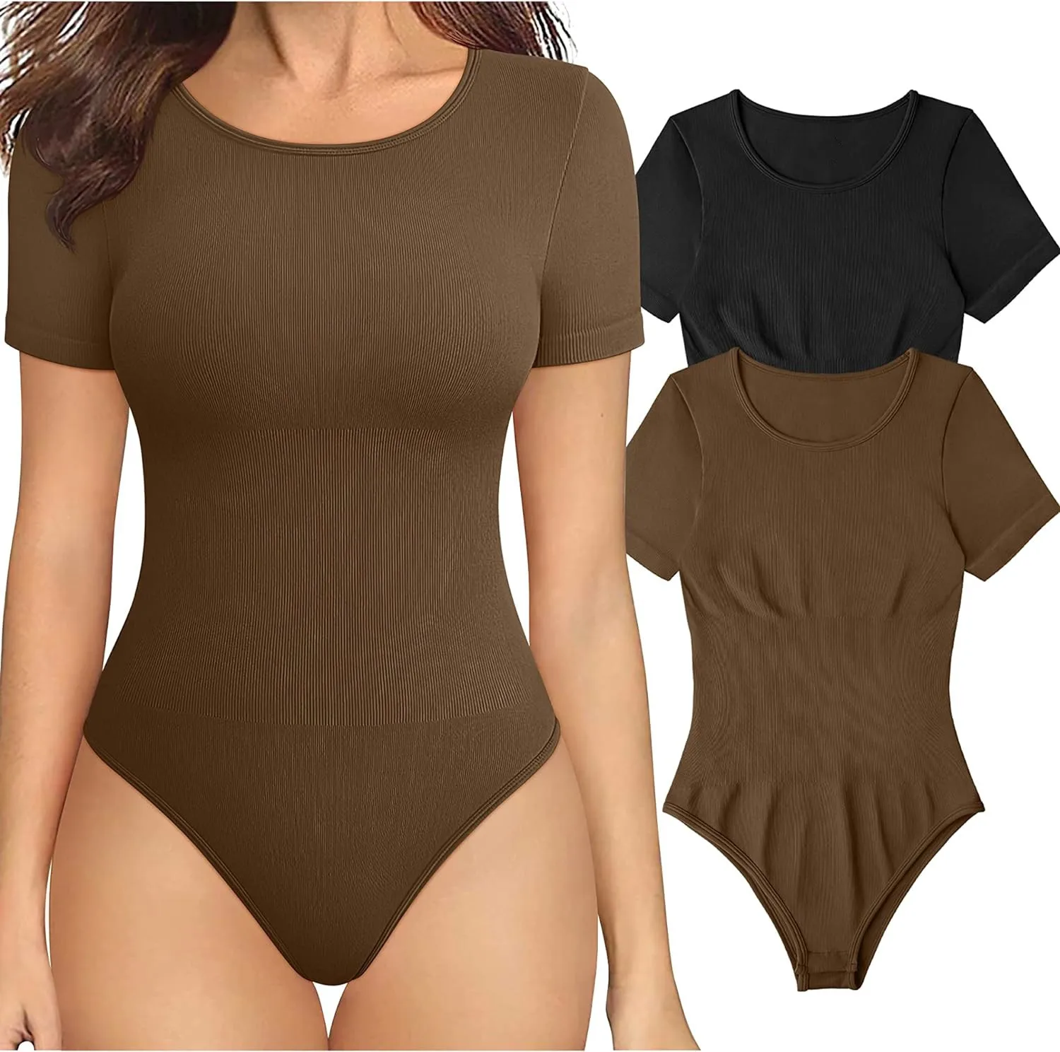 Women Bodysuit Shapewear Seamless Short Sleeve Flat Belly Sexy Thong Sculpting Body Shaper Scoop Neck Fajas Tummy Control