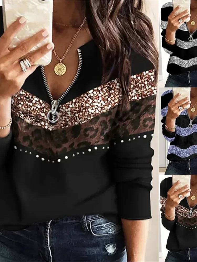 Outono zíper com decote em v manga longa impressão casual topo camisa feminina moda blusas soltas e topos feminino