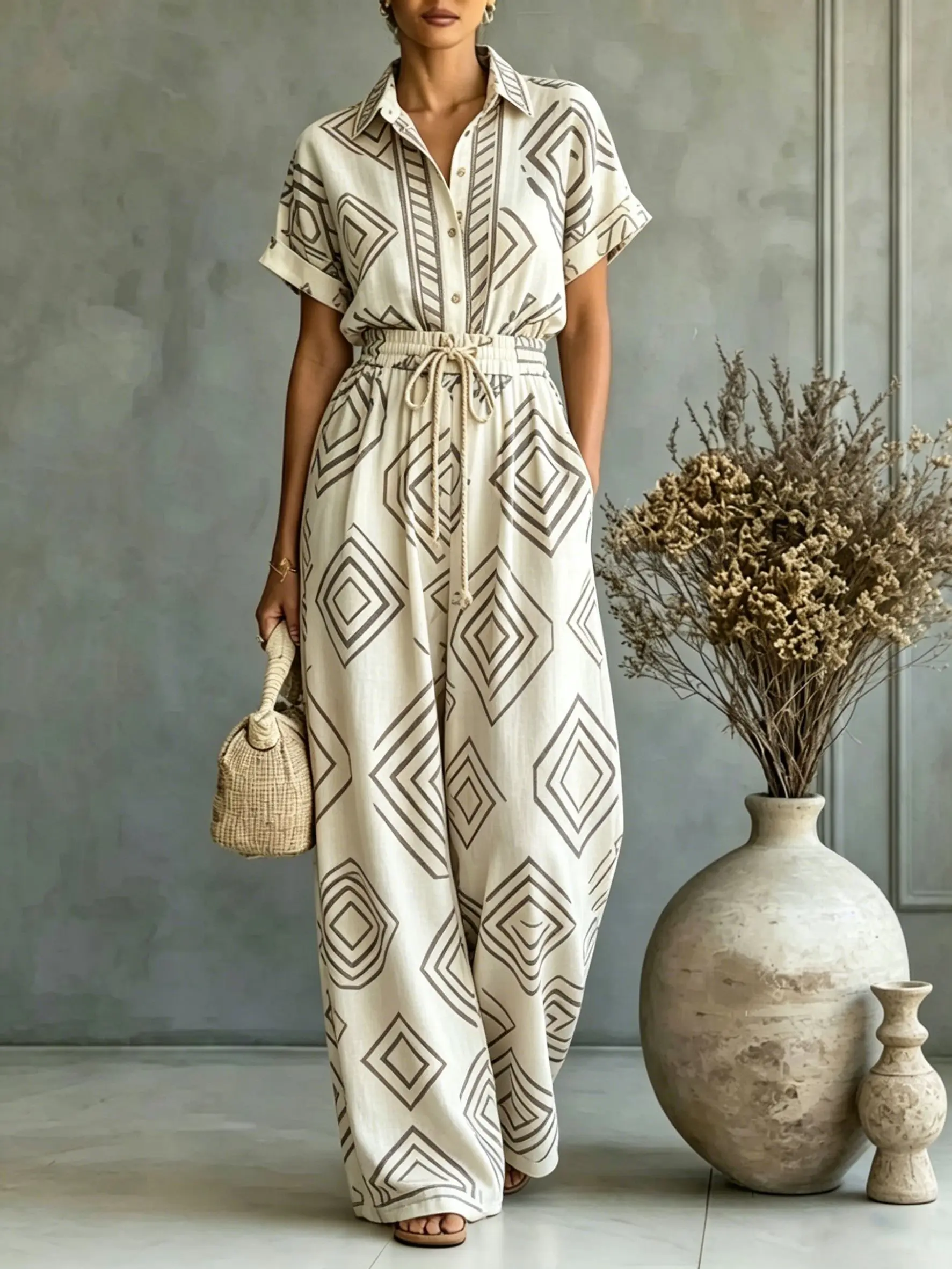 

Women‘s Abstract Geometric Line Printed 2 Piece Sets Summer Chic Halter Neck Sleeveless V-Neck Tank Top Loose Wide Leg Pants