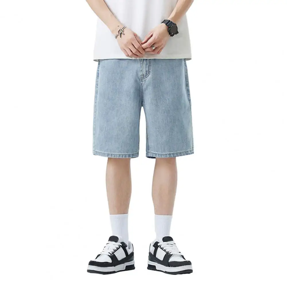 

Men Shorts Elastic Waist Mid-rise Summer Casual Sport Shorts with Pockets Straight Wide Leg Denim Shorts