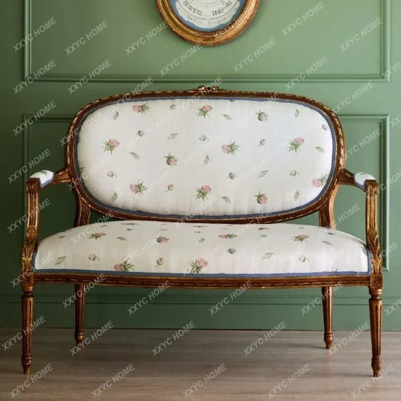 

Французский ретро-диван из массива дерева с резьбой в виде цветов, для небольшой квартиры, для отдыха на балконе, кресло-диван.